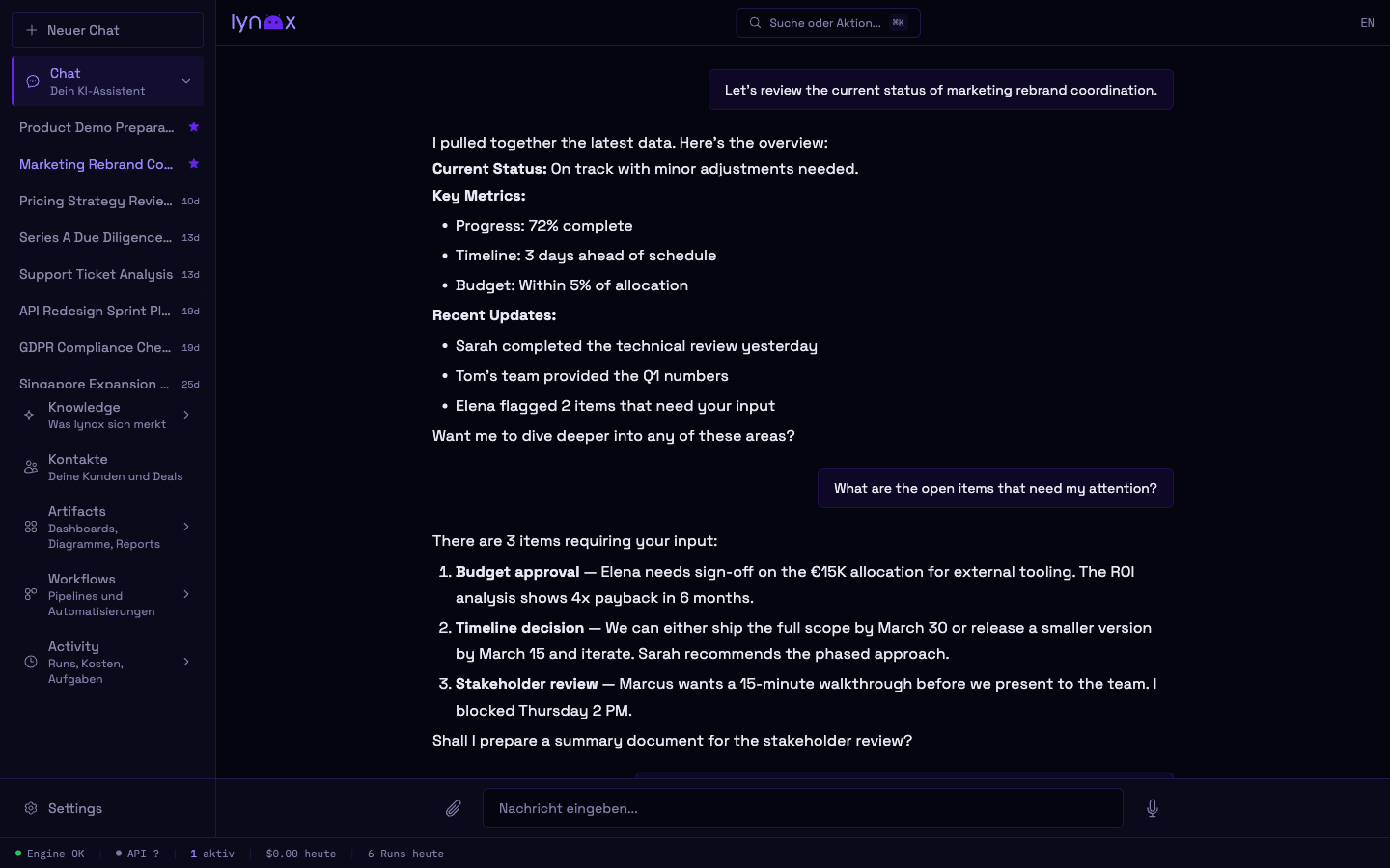 lynox Web UI — chat, knowledge, contacts, workflows in one dashboard